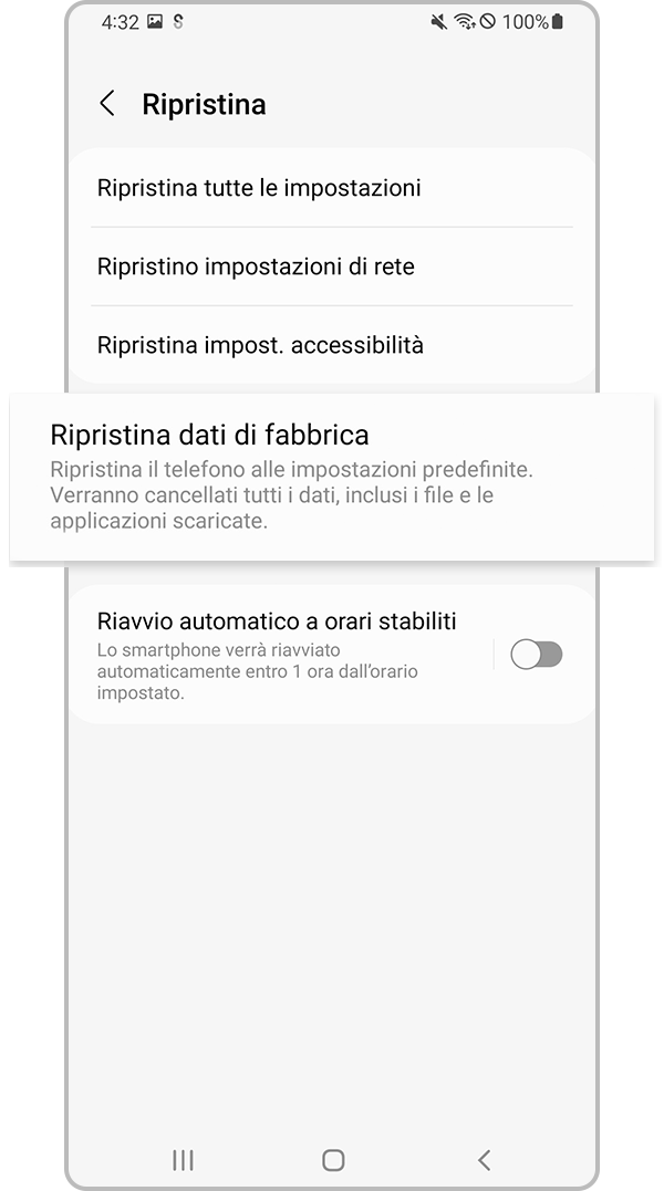 Seleziona Ripristina dati di fabbrica