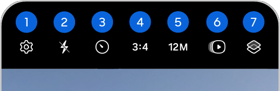 Parte superiore dell'app fotocamera, che include opzioni per flash, timer e filtri, tra le altre