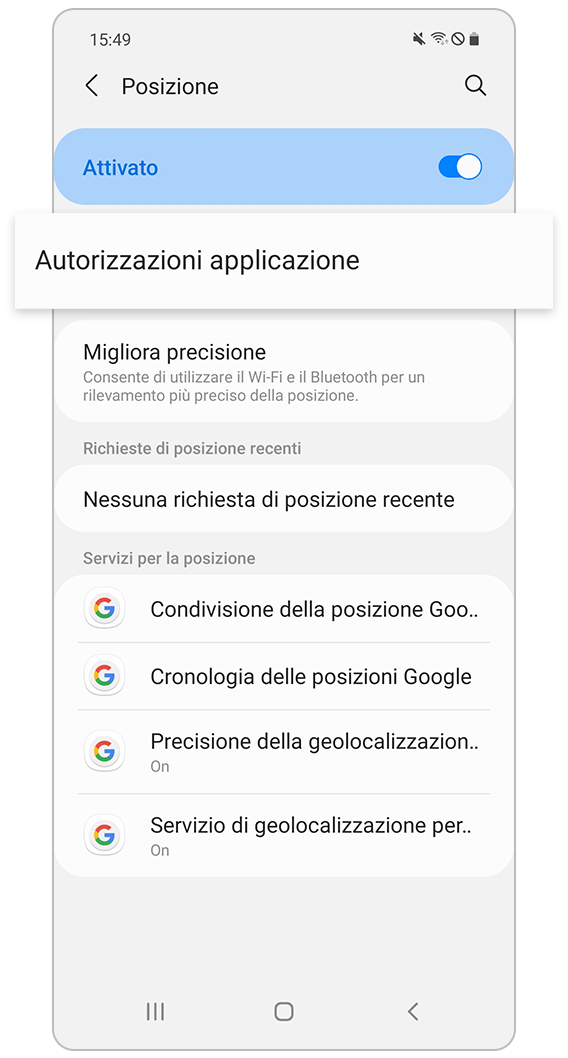 Verifica Posizione, attiva Autorizzazioni applicazione