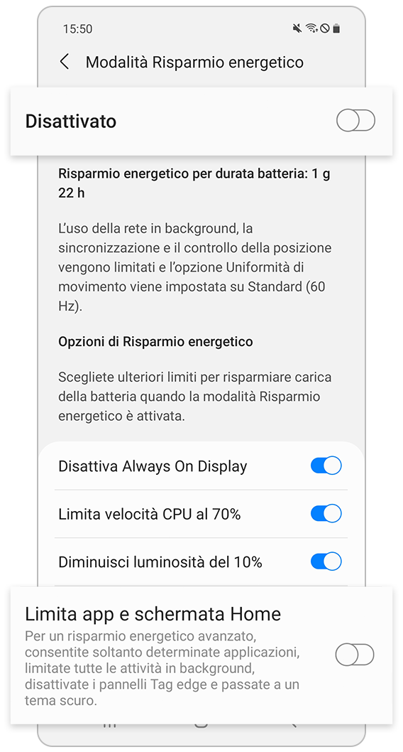 Modalità Risparmio energetico Limita app e schermata Home