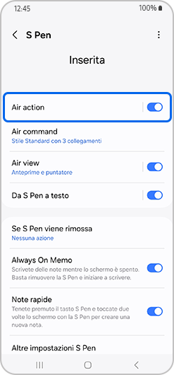 Impostazioni delle azioni Air evidenziate