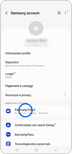 Schermata Samsung Account di uno smartphone Samsung Galaxy.