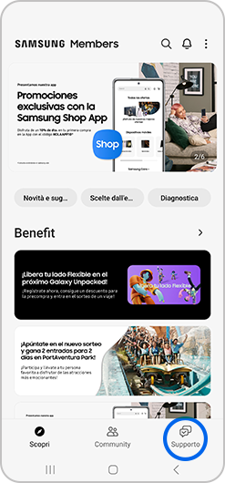 Schermata principale di Samsung Members.