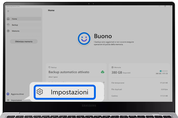 Schermata Samsung Device Care di uno Galaxy Book