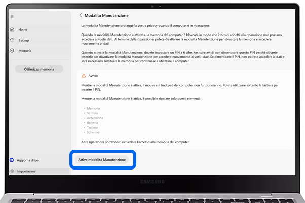 Schermata Samsung Device Care di uno Galaxy Book.
