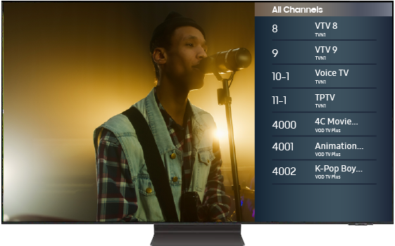 immagine smart tv samsung che mostra la lista dei canali tradizionali e di TV Plus