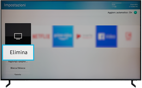 L'opzione Elimina è in evidenza sullo schermo del TV Samsung