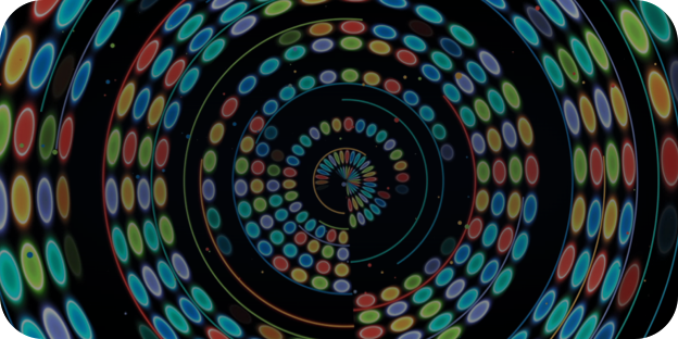 赤、オレンジ、青、緑のドットが渦を巻くように形成されている。
