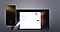 ホーム画面が表示されているスマートフォンの正面イメージ、タブレットはSamsung Flowアプリを実行中です。Smart Viewアイコンは、アプリ画面の右上に表示されています。