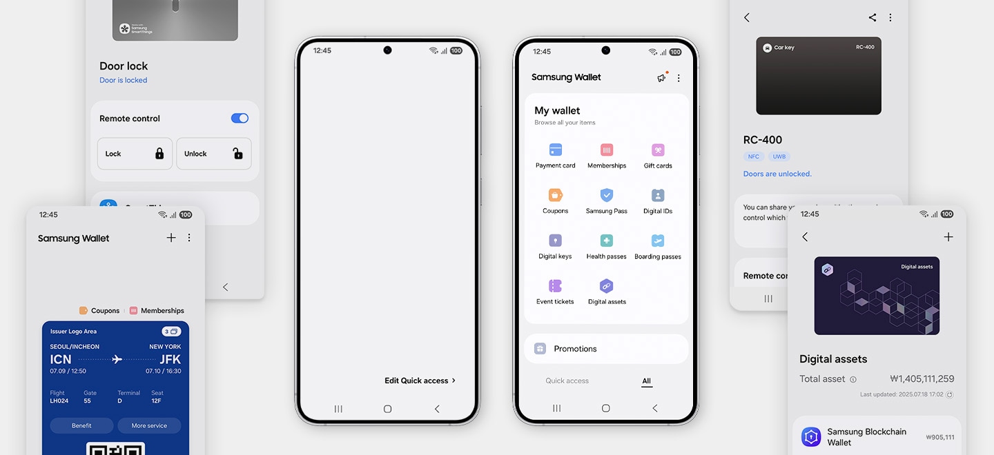 中央にある2台のスマートフォンは、Samsung Walletに保存可能なさまざまなデジタル資産を示している。1つのディスプレイではSamsung Walletのホーム画面のカテゴリーとして、もう1つの画面ではクイックアクセスビューの積み重なったカードとして、それぞれ表示されている。スマートフォンはGUI画面に囲まれており、ドアロック、車のキー、搭乗券、デジタル金融資産などの個々の資産がそれぞれの画面に表示されている。