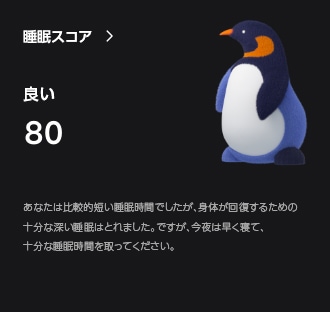 その下に、睡眠スコアのGUIが表示されている。スコアは80で、スコアの上には「良好」という文字が見える。