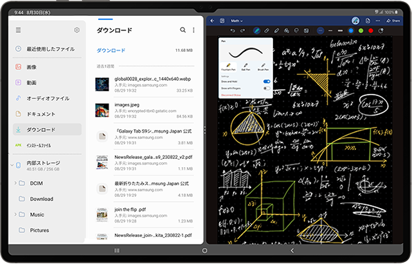 2つのウインドウに分割表示した、Galaxy Tab S9シリーズのデバイス画面の正面図。左のウインドウには、最近ダウンロードした大量のファイルのリスト、右のウインドウには、GOODNOTESアプリを使った数式の走り書きが表示されている。