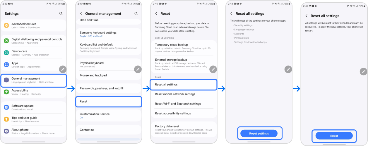 reset all settings