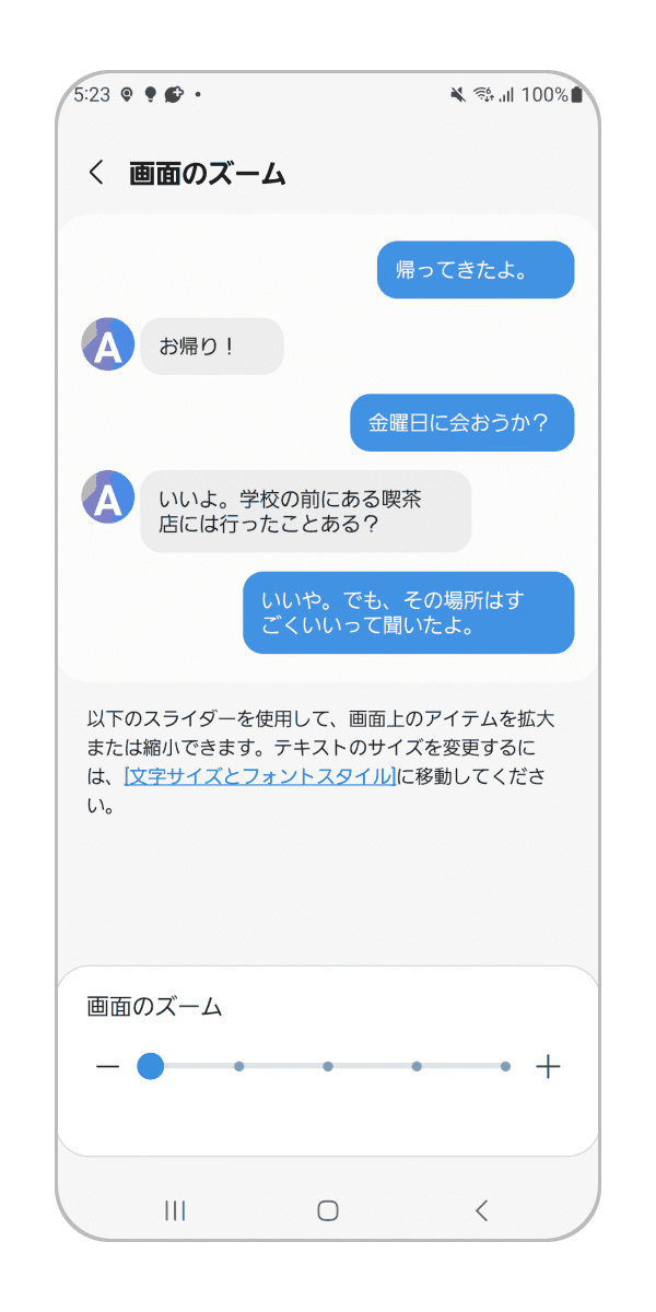 「画面のズーム」のバーを左右にスライドさせ大きさを設定します。