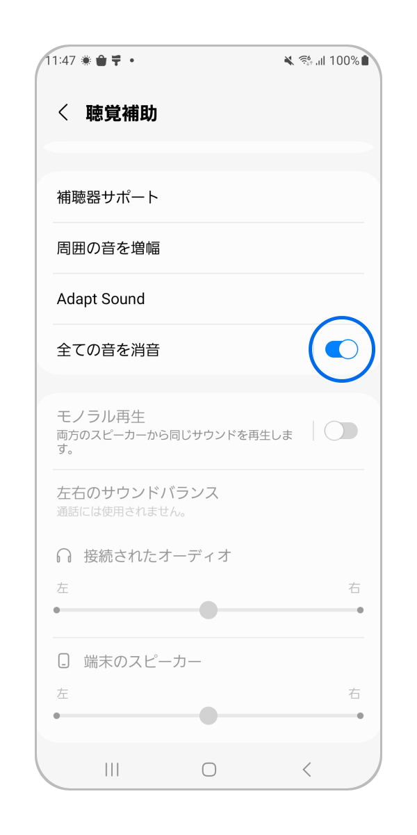 「全ての音を消音」のスイッチを OFF にします。