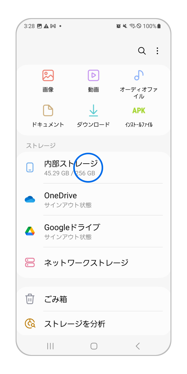 「内部ストレージ」をタップします。