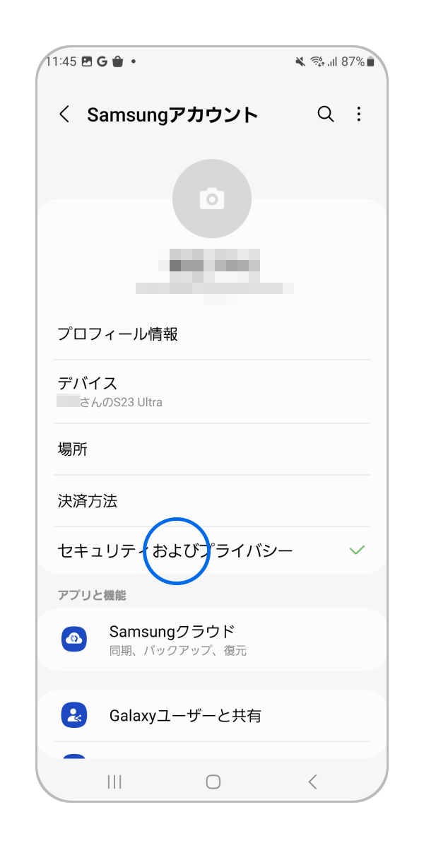 「セキュリティおよびプライバシー」をタップします。