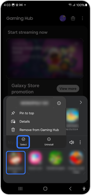 Select app from Gaming Hub
