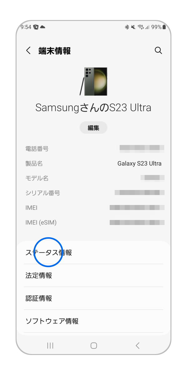 「ステータス情報」をタップします。