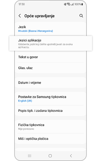 Prikaz izbornika Opće upravljanje na kojem je istaknuta opcija „Jezici aplikacija”.