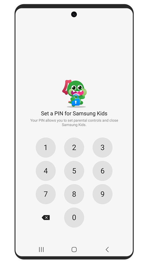 Экран безопасности Samsung Kids, на котором предлагается ввести 4-значный PIN-код.