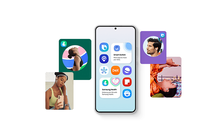 На смартфоне Galaxy отображаются значки различных приложений и служб. На обеих сторонах смартфона можно увидеть людей, использующих устройства Galaxy и в позах, связанных с приложениями и службами Galaxy.