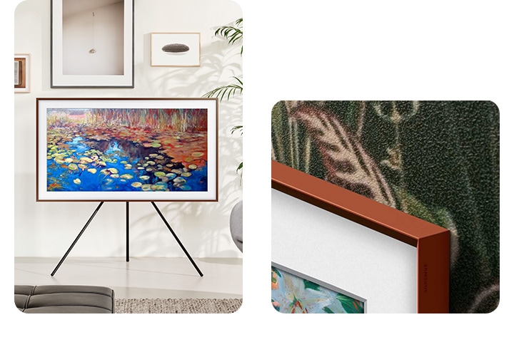 Установленные различным образом телевизоры The Frame с рамками разных цветов показывают коллекцию произведений искусства. 