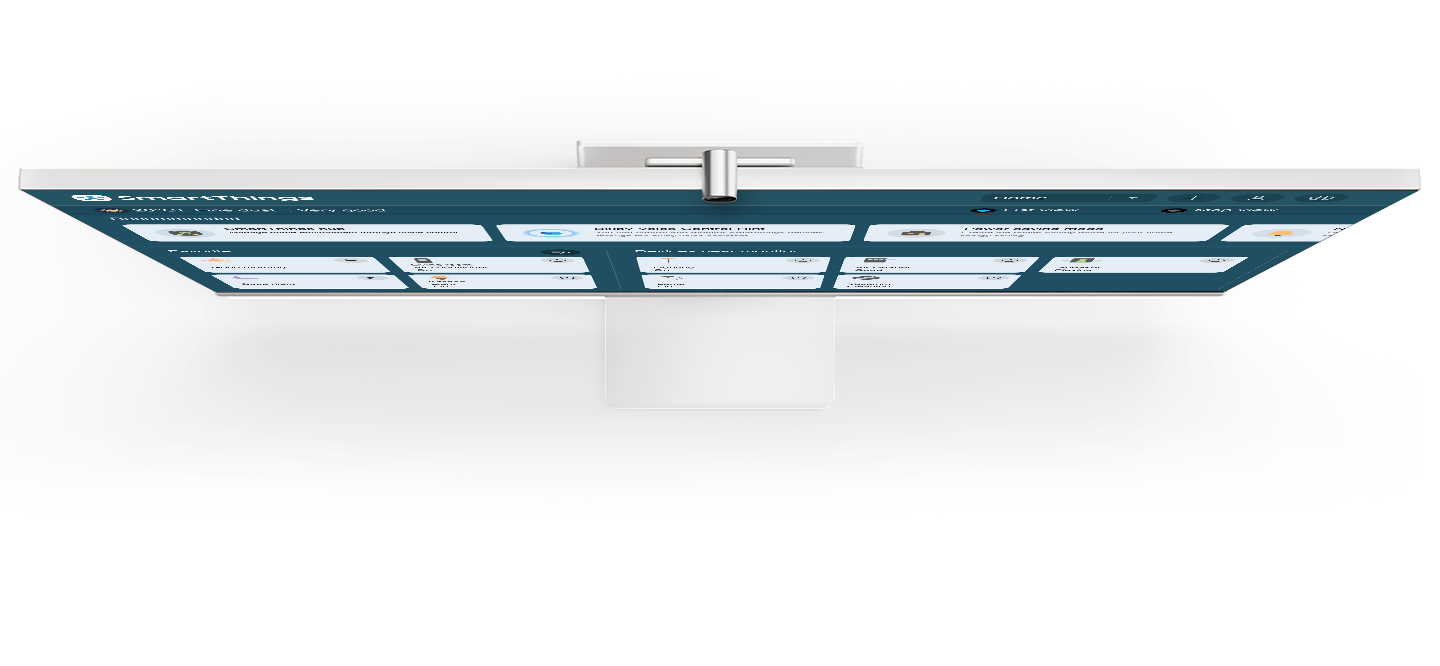 Умный монитор показан под углом сверху. На экране отображается платформа Samsung SmartThings Hub. Далее на экране появляются значки, представляющие все виды совместимых устройств SmartThings: термостаты, камеры слежения за домашними животными, бытовая техника, мониторы безопасности, умные розетки.