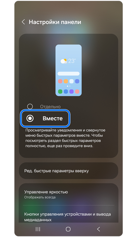 Экран настроек панели.
