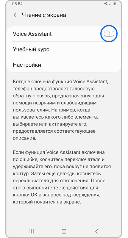 Экран настроек <b>Чтение с экрана</b>.
