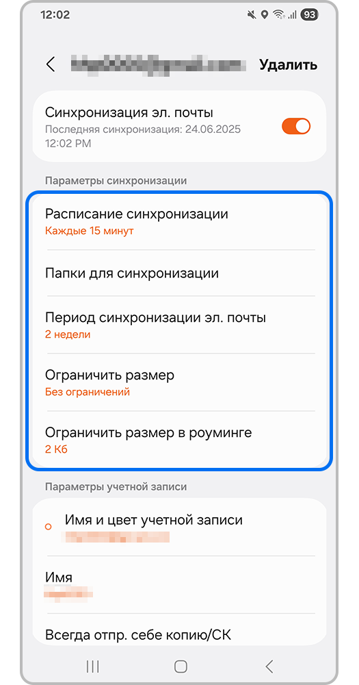 Выделенный раздел "Параметры синхронизации"