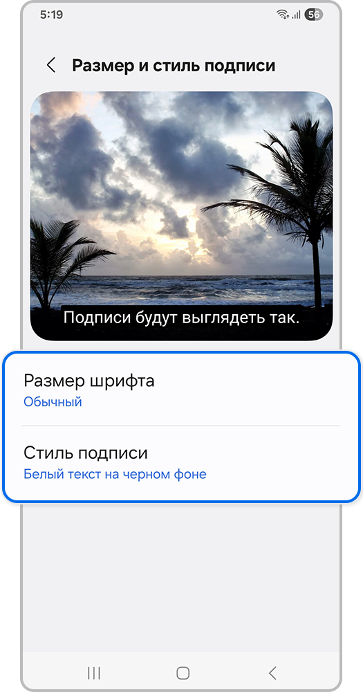 Размер шрифта и Стиль подписи