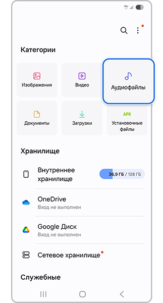Выберите раздел «Аудиофайлы».