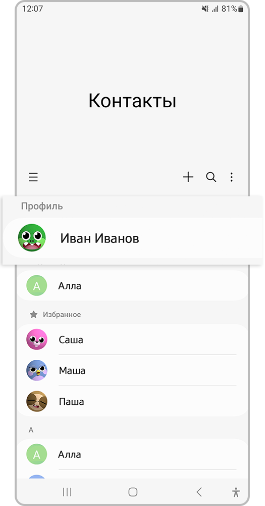 Приложение «Контакты» с выделенной графой «Профиль»