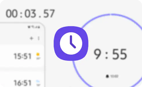 Разные опции Samsung Clock, а в центре — значок приложения.