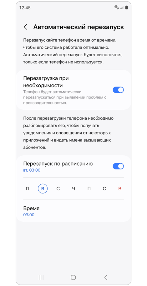 Экран настройки автоматического перезапуска