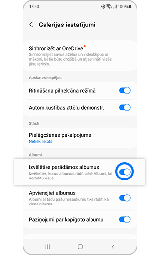 Rādīto albumu atlases skats ar ieslēgšanas un izslēgšanas slēdzi Galerijas iestatījumos.