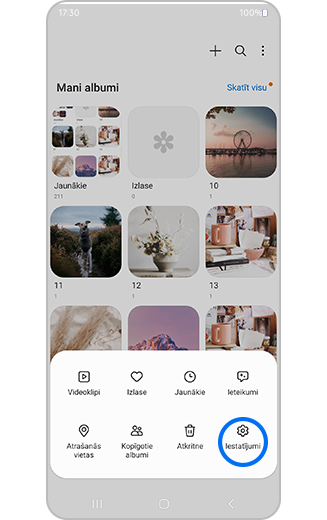 Galerijas iestatījumu ikonas skats galeriju papildu opciju mapē.