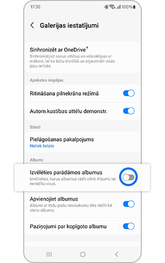 Atlasītu albumu skats, lai parādītu opciju ar ieslēgšanas un izslēgšanas slēdzi.