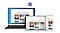 Una computadora portátil, una tableta y un teléfono muestran el mismo álbum de fotos con el título “Recuerdos de viaje con mi nueva familia”. Arriba de los dispositivos se encuentra un icono azul de sincronización automática con dos flechas.