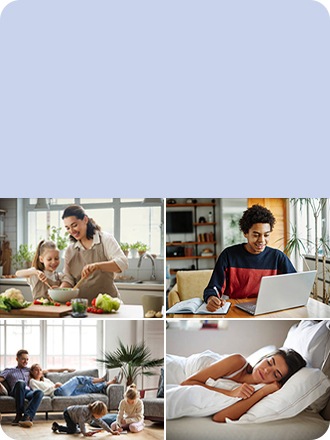 Cuatro habitaciones con personas realizando diferentes actividades. Una madre y su hija cocinan en una cocina iluminada, una persona trabaja en su notebook, una pareja se relaja en el sofá mientras los niños dibujan y otra persona duerme tranquilamente en la cama.