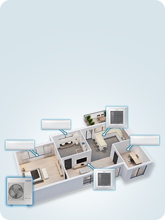 Un plano 3D de una casa indica cómo los aires acondicionados Samsung están instalados con una unidad exterior. Tres unidades de pared y dos cassettes están distribuidas en cinco habitaciones diferentes.