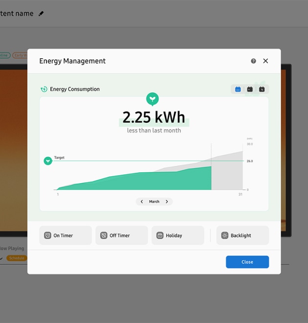 La pantalla de gestión de energía de Samsung VXT muestra el consumo mensual de energía.