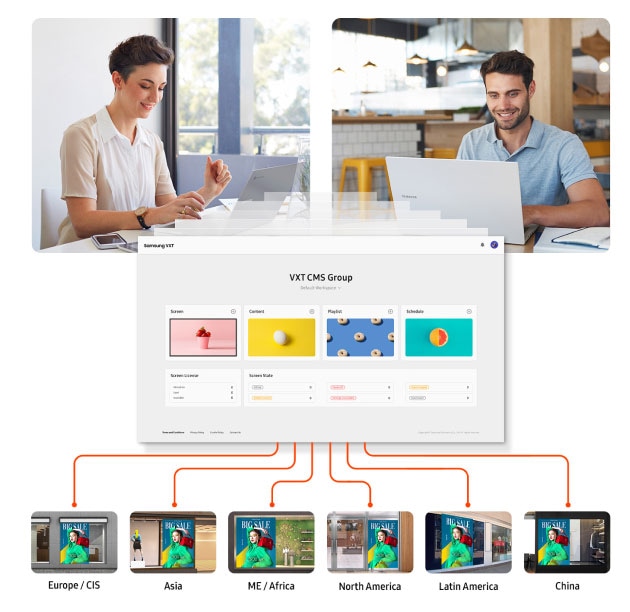 As a man and a woman work on their laptops, the main screen of Samsung VXT pops up between them. It connects the screens installed across various regions including Europe/CIS, Asia, Middle East/Africa, North America, Latin America, and China.