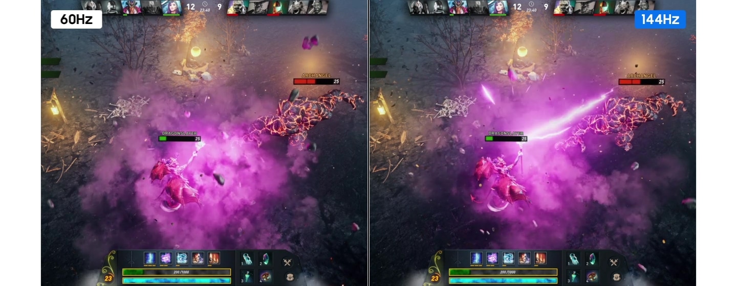 Two identical fighting scenes at 60Hz and 144Hz. The scene at 60Hz has lag, leading to the gamer's defeat, while the scene at 144Hz is smoother, helping to secure victory.