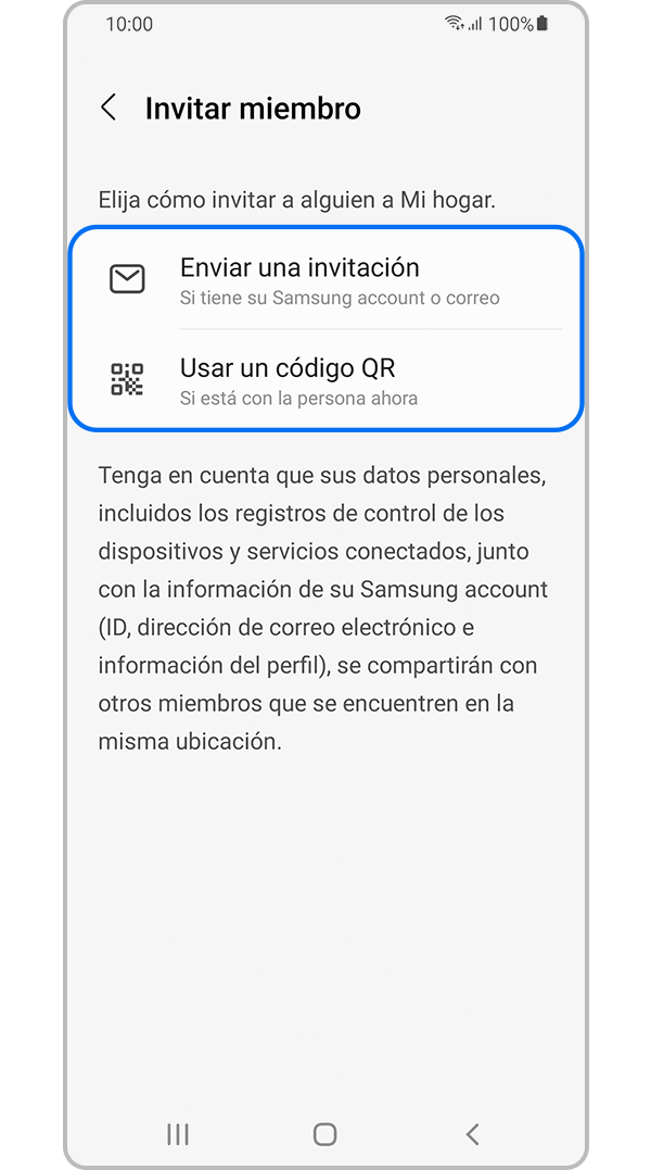 Screen to invite a member using “Send an invitation” or “Use a QR code”.