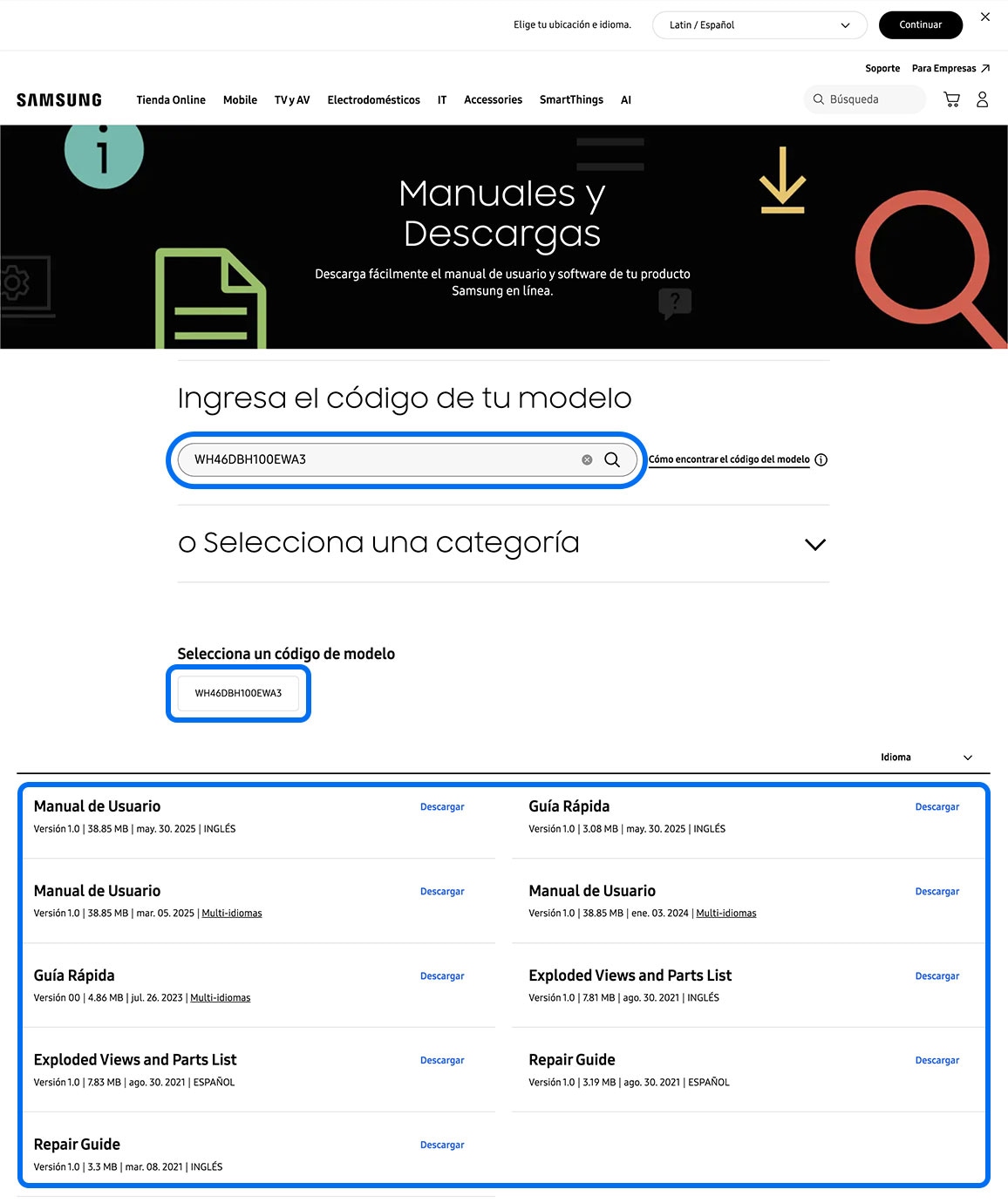 Búsqueda del modelo en la página de Manuales y descargas