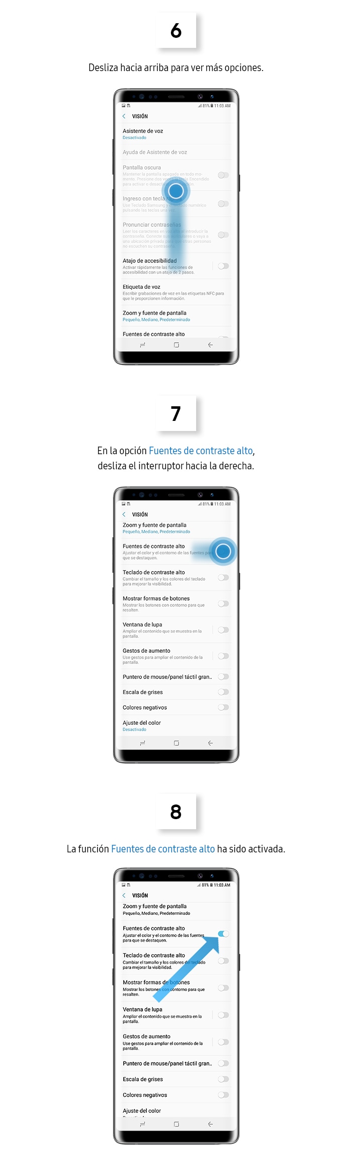 ¿Cómo activar la función fuentes de contraste alto?