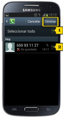 ¿Cómo eliminar una llamada del registro en un Galaxy S4(I9500)?
