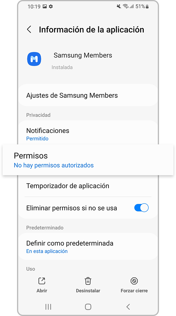 Seleccione los permisos de la aplicación